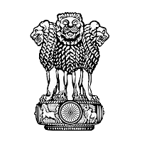 Black and white vector line art of the State Emblem of India, depicting the Lion Capital of Ashoka with three visible lions above the Dharma Chakra wheel, horse, and bull.