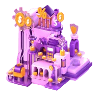 3D isometric illustration of a purple financial factory mechanism filled with gold dollar coins, percentage signs, money bags, gear wheels, and bank structures.