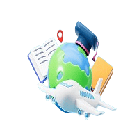 3D graphic illustration representing study abroad programs, featuring a globe wearing a graduation cap, flanked by books, a location pin, and a white airplane flying in front.