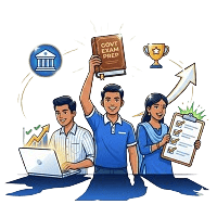 Illustration of three happy students preparing for government exams; one holds up a book titled "GOVT EXAM PREP", another works on a laptop, and the third holds a completed checklist clipboard.