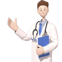 3D digital illustration of a male doctor in a white lab coat with a stethoscope around his neck, holding a blue clipboard and gesturing welcomingly with his right hand.