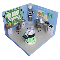 3D isometric illustration of a futuristic research laboratory room featuring desks with computer monitors, wall screens displaying scientific data, and a central cylindrical containment vessel.