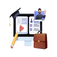 3D composite illustration of an online learning setup, featuring a desktop monitor displaying course content, a video call pop-up with an instructor, a graduation cap, a pencil, and a leather briefcase.