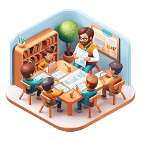 3D isometric illustration of a teacher discussing study materials with five students sitting around a wooden study table inside a room with a bookshelf and noticeboard.